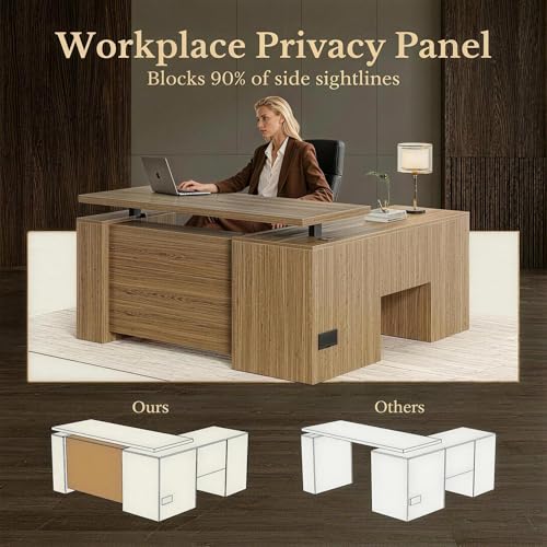 63 Inches L Shaped Electric Standing Desk, Executive Height Adjustable Desk with Drawers and File Cabinet, AC/USB, 1.18" Desktop and Privacy Panel for Home Office, Natural Oak - color: Natural Oak
