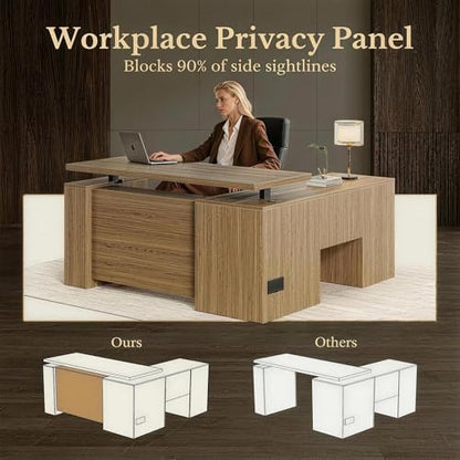 63 Inches L Shaped Electric Standing Desk, Executive Height Adjustable Desk with Drawers and File Cabinet, AC/USB, 1.18" Desktop and Privacy Panel for Home Office, Natural Oak - color: Natural Oak