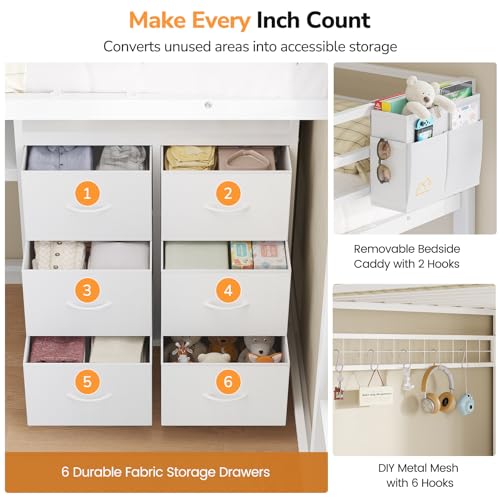 DICTAC Twin Loft Bed with L Shaped Desk,Storage Bookshelf & Drawers, White | Metal Loft Bed Features Charging Station, Smart RGB LED Lights and 6 Fabric Storage Drawers & Shelves, Safety Guardrail - color: White