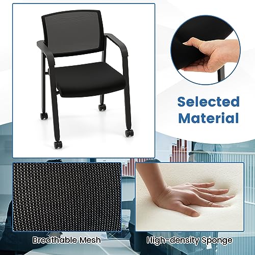 Tangkula Rolling Conference Room Chairs Set of 6, Stackable Office Guest Mesh Chairs with Armrests and Wheels, Ideal for Waiting Room Office, School, Lobby (Black) - color: Black, size: Set of 6