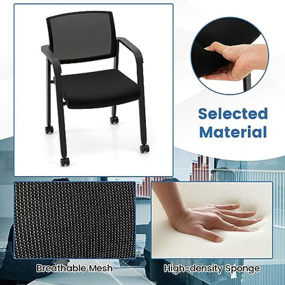 Tangkula Rolling Conference Room Chairs Set of 8, Stackable Office Guest Mesh Chairs with Armrests and Wheels, Ideal for Waiting Room Office, School, Lobby (Black) - color: Black, size: Set of 8