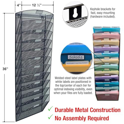 Ultimate Office Mesh Hanging Wall File Organizer, 12 Tier + 18 PocketFiles | Vertical mount hanging file sorter and display rack; includes 18 3rd-cut PocketFile clear document folders - size: 3rd-Cut + 12-Slot Wall File