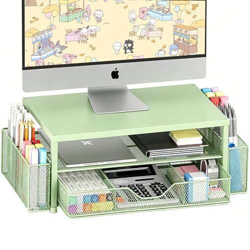 OPNICE Desk Organizers and Accessories, Computer Monitor Stand Riser with Drawer and 2 Pen Holders, Printer & Laptop Stand, Office Desk Accessories & Workspace Organizers for Home Office Supplies, Green - color: Green 1-Pack