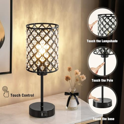 GyroVu Black Crystal Bedside Table Lamps Set of 2 with USB C+A Ports - color: Black-2, size: 14.75"