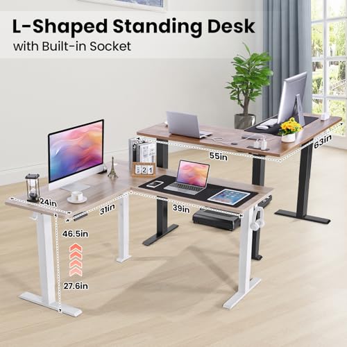 63x5in L Shaped Standing Desk with Outlets & Mouse Pad, Brown - color: Rustic Brown