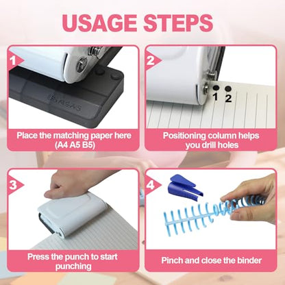 10 Hole Punch Binding Machine for Planner, Manual Binding System with 10 Multi-Color Binder Rings for Making 26 Holes on B5, 30 Holes on A4, 20 Holes on A5 Book, 10 Sheet Capacity - White - color: White