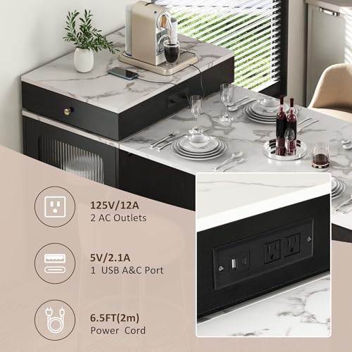 59.5 Inch Kitchen Island with Extendable Dining Table, Black | Black finish, MDF and particle board, kitchen or dining room, extendable table, 2 drawers, glass door, outlet, 59.5 in L - color: Black + Faux Marble Table + Particle Board+mdf