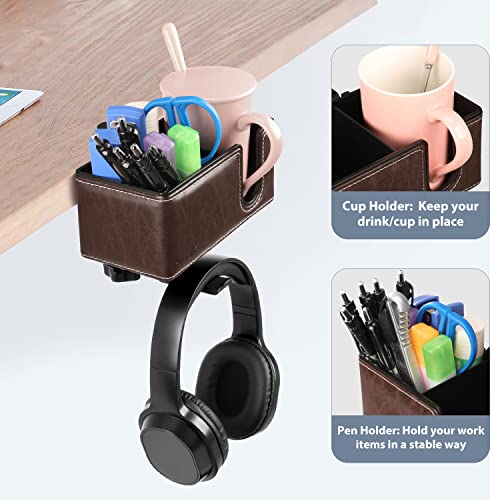 Under Desk Cup Holder Clamp on Cup Holder PU Leather Clip on Desk Organizer | Desk organizer with pencil holder clamp on side, under desk hanging organizer, clip on cup holder desk phone stand holder PU - color: Brown
