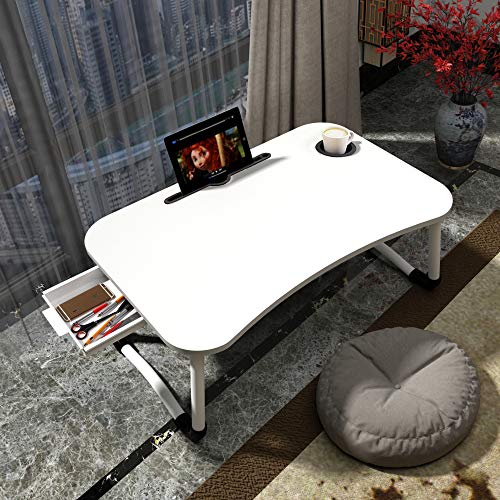 23.6'' Ergonomic Lap Desk with Storage Drawer & Cup Holder, Foldable Laptop Bed Table for Home Office, Gaming, Writing, Breakfast - Lightweight, Portable, Fits 18'' Laptops (White) - color: White