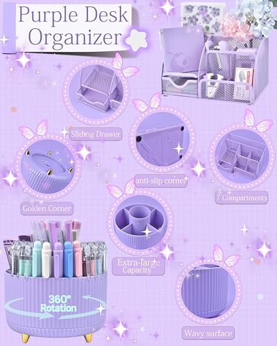 Purple Desk Accessories and Organizers with Desk Organizer and 360°Rotating Pen Holder stapler Pen and a Lot of Office Purple Office Supplies Beautifully Presented in a Gift Box - color: Purple