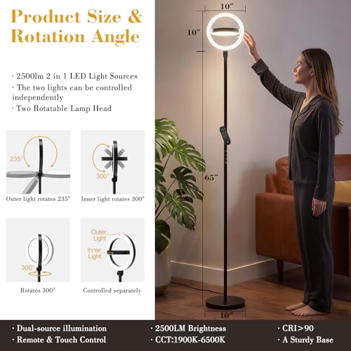Omorepa 36W 2500lm Bright LED Floor Lamp for Living Room, 75.5 Inch Tall Standing Lamp for Office Stepless Dimmable with Remote, Torchiere Lamp with 2 Rotatable Lights 1900K-6500K for Bedroom (Black) - color: Black