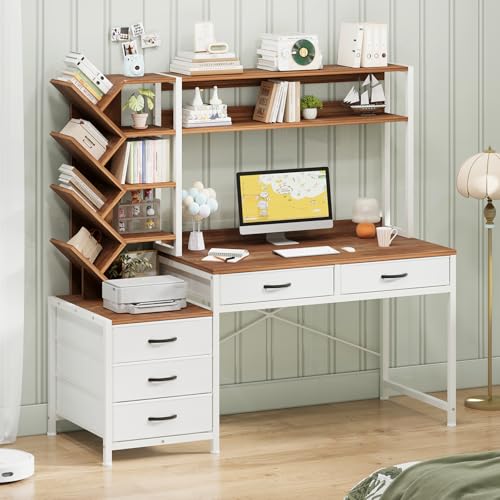 YOMILUVE 52" Computer Desk with Bookshelf, 5 Drawers ＆ Hutch for Bedroom | Office Desk with Printer Shelf, Study Writing Desk with Storage Shelves, Brown and White - color: Brown and White