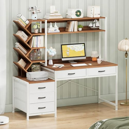 YOMILUVE 52" Computer Desk with Bookshelf, 5 Drawers ＆ Hutch for Bedroom | Office Desk with Printer Shelf, Study Writing Desk with Storage Shelves, Brown and White - color: Brown and White