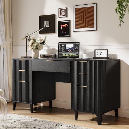 55.1" Fluted Executive Desk with Drawers, Wood Computer Desk with Storage Cabinet, Home Office Desk with Charging Station, Farmhouse Desk with File Cabinet for Office Home - color: Black With 4 Legs