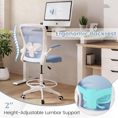 COSTWAY Drafting Chair with Flip-up Armrests & Adjustable Foot Ring, 1 Pack - color: Blue