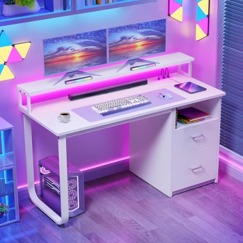 DWVO 47" Office Desk with Drawers, Monitor Stand, Power & LED, White