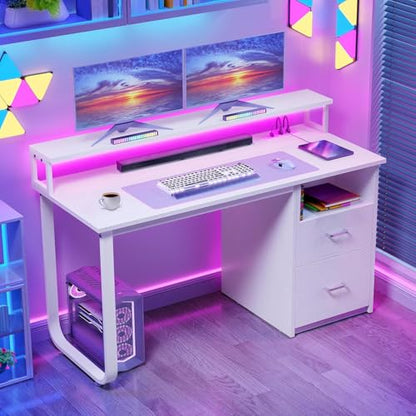 DWVO 47" Office Desk with Drawers, Monitor Stand, Power & LED, White