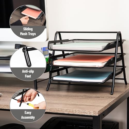 Mind Reader 3-Tier Paper Tray, Desktop Organizer, File Storage, Workspace, Office, Metal Mesh, 11.75"L x 13.75"W x 10"H, Black - color: Black