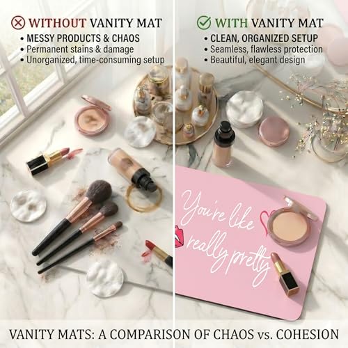 DOUDIZHU Makeup Mat for Vanity, Dual-Sided Vanity Top Protector Mat Waterproof Dressing Desk Makeup Table Cover Mat You're Like Really Pretty (Baby Pink/Silver, 23.6"x11.8") - color: You're Like Really Pretty (23.6"*11.8")