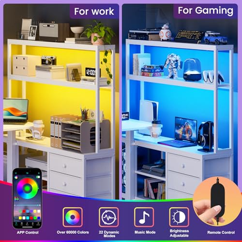 REAHOME 65Inch White L Shaped Standing Desk with Drawers and Hutch | Charging Station, RGB LED lights, Reversible Desk, File Drawer& Storage Cabinet for home office, Dual Motor Sit Stand Frame - color: White