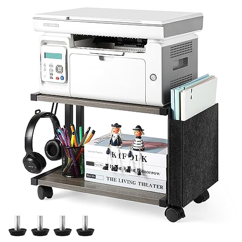 BTY Printer Stand Under Desk Printer Table with Storage Small Printer Cart with Wheels 2 Tier Desktop Printer Stands for Home Office Fax Machine Scanner Files (Grey) - color: Grey