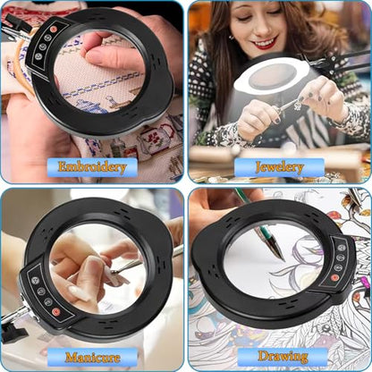 15X Magnifying Glass Desk Lamp with Metal Base, 5 Color Modes 10 Levels Adjustable Brightness, 360° Rotatable Flexible Aluminum Arms – Ideal for Reading, Crafting, Close Work, Eye-Caring Table Lamp
