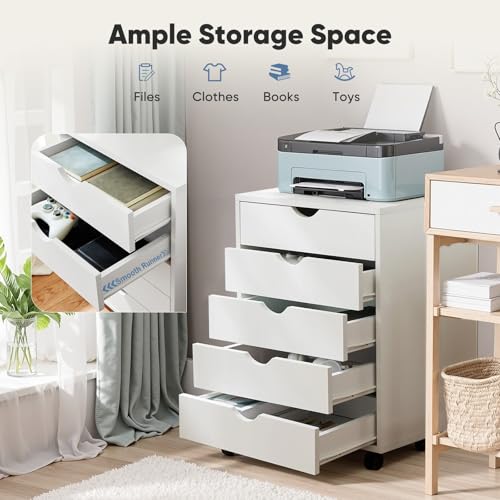 OLIXIS 5-Drawer Rolling File Cabinet, Printer Stand with Office Storage - color: White, size: 5 Drawer