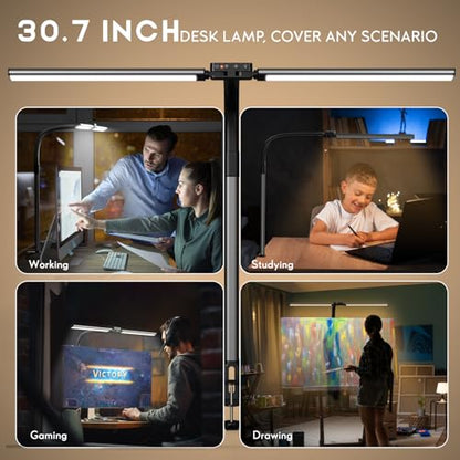 Quntis Desk Lamp for Home Office, 30.7'' Double Head Architect Desk Light with Clamp, 24W Bright 25 Lighting Modes Eye Care No Glare, Adjustable Gooseneck Task Lamp Workbench Reading Study, Gray