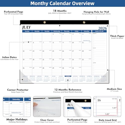 Tcamp Desk Calendar 2026-2027, Large Desktop/Wall Monthly Calendar - color: Blue, size: 17"x12"(Jul 2026-Dec 2027)