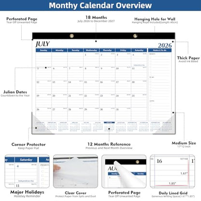 Tcamp Desk Calendar 2026-2027, Large Desktop/Wall Monthly Calendar - color: Blue, size: 17"x12"(Jul 2026-Dec 2027)