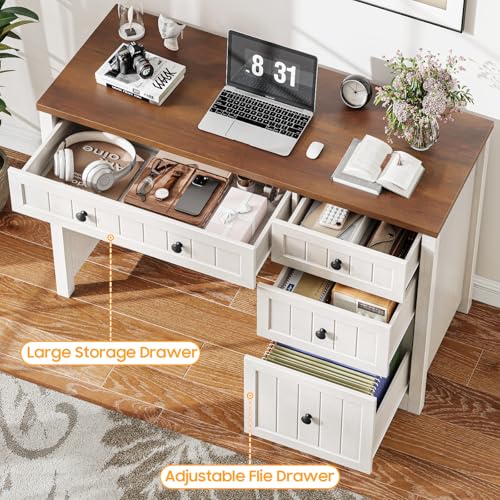 Vabches Farmhouse Executive Desk with 4 Drawers, Home Office Desk with File Drawer, Wood Computer Desk with Storage, Rustic Office Desk for Work Study Writing, Brown White - color: Brown White