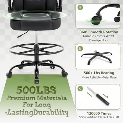500LBS Drafting Chair, High Back Safer Standing Desk Chair, Executive Tall Office Chair with Flip-up Armrests, Upholstered PU Leather Task Chair, Ergonomic Seat with Adjustable Height&Foot Ring, Black - color: Black