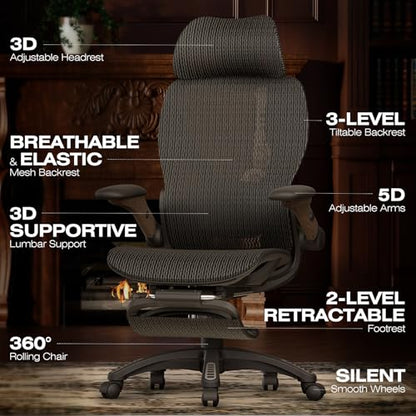 ELABEST X100 Ergonomic Mesh Office Chair with Footrest, Big and Tall Home Desk Chair with 5D Flip-Up Arms, Adjustable 3D Lumbar Support, Gaming & Executive Computer Chair (Library Oak) - color: Library Oak