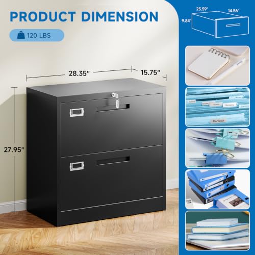 BYNSOE 2 Drawer Lateral File Cabinet Metal Filing Cabinet with Lock Office Home Steel Lateral File Cabinet for A4 Legal/Letter Size Lockable Wide Metal Cabinet,Assembly Required(2 Drawer, Black) - color: Black, size: 2 Drawers