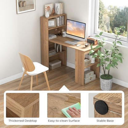GIANTEX 48 Inch Computer Desk with Bookshelf, 3-in-1 Home Office Desk with 4-Tier Bookcase & CPU Stand, Space-Saving Reversible Writing Desk Work Table for Bedroom, Study Room, Office (Natural) - color: Natural