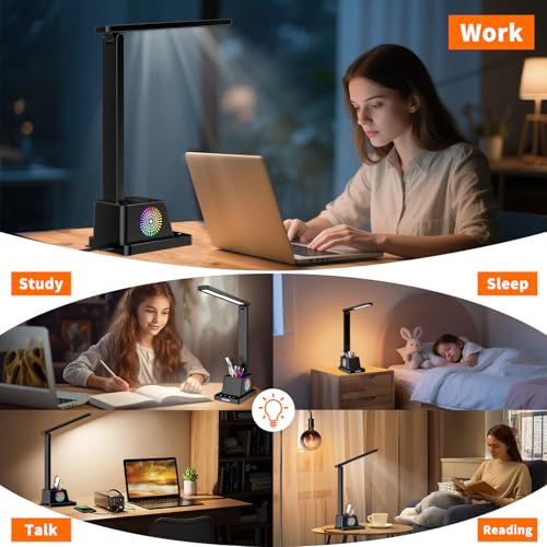 Study Desk Lamp for Office Home, Eye-Caring Desk Light with USB Port & RGB Phone Holder, 3 Color×4 Brightness, Adjustable Arm, Touch-Control Lamp for Kids/Reading (Black)