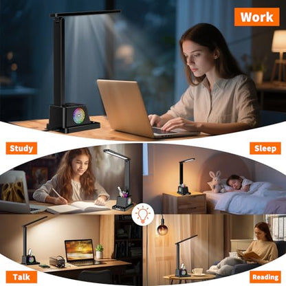 Study Desk Lamp for Office Home, Eye-Caring Desk Light with USB Port & RGB Phone Holder, 3 Color×4 Brightness, Adjustable Arm, Touch-Control Lamp for Kids/Reading (Black)