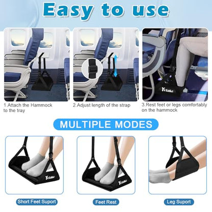 Yotako Airplane Foot Hammock-Removable Wide Bamboo Airplane Foot Rest with Extended Adjustment Strap, Desk Foot Hammock to Relax Your Feet Foot Sling Travel Essentials with Storage Pouch, Black
