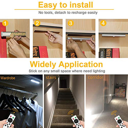 Remote Control Under Cabinet Lighting Wireless 6 Pack, 20-LED Dimmable Closet Lights Rechargeable Under Counter Light, Stick on Touch Night Light Strip Bar for Kitchen Stairway Bedroom, 3 Colors - size: 6 Pack
