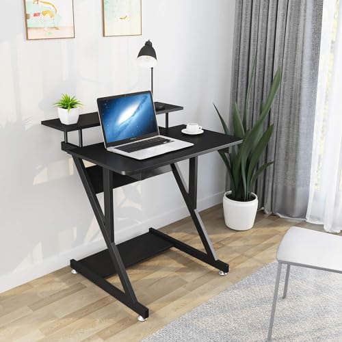 Dripex Computer Desk for Small Spaces, 27.5 inch Small Computer Desk, 3 Tier Compact Desk with Monitor Shelf and Bottom Storage Shelves, Space Saving Desk, Black - color: Black