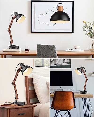 ELYONA Modern Sapele Wood Desk Lamp with Upgraded Wireless Charger & USB C Charging Port Swing Arm Table Lamp Bedside Reading Task Light for Dorm Office Bedroom Living Room LED Bulb Included Black - color: Upgrate Black