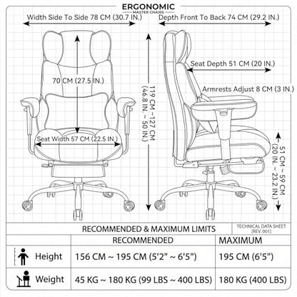 Efomao Executive Office Chair 400lbs, Black Big and Tall Desk Chair | Mattress-grade pocket spring cushion, sleek leather, 135° recline & footrest for computer gaming setup. - color: 3084p-black