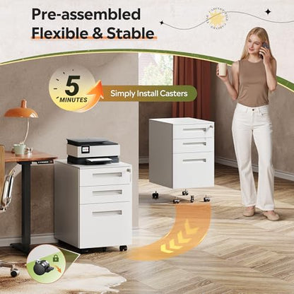 DEVAISE 3 Drawer File Cabinet with Lock, Fully Assembled Except Casters | Under Desk Metal Filing Cabinet with Wheels for Home Office, Printer Stand fits Letter/Legal/A4 Size, White - color: White, size: Thickened Steel 20" D x 15" W x 24" H
