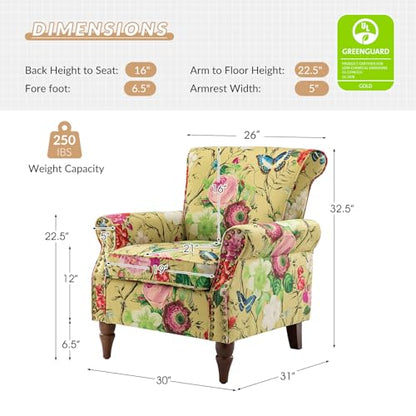 HULALA HOME Traditional Floral Accent Chair with Solid Wood Legs, Mustard | Comfy Upholstered Armchair Reading Chair with Rolled Armrests, Nailhead Trim, Removable Cushion, for Living Room Bedroom - color: Mustard