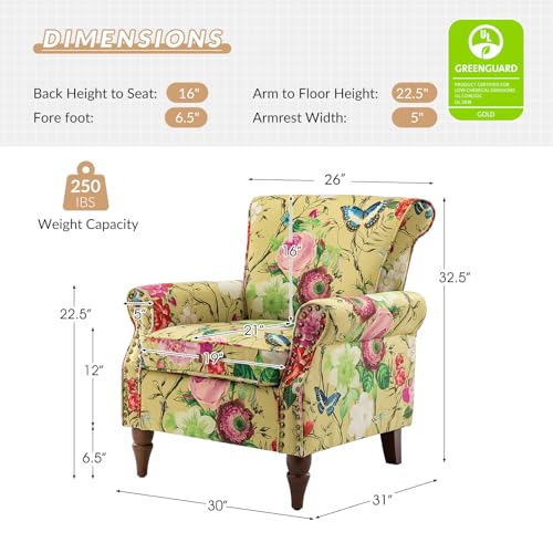 HULALA HOME Traditional Floral Accent Chair with Solid Wood Legs, Mustard | Comfy Upholstered Armchair Reading Chair with Rolled Armrests, Nailhead Trim, Removable Cushion, for Living Room Bedroom - color: Mustard