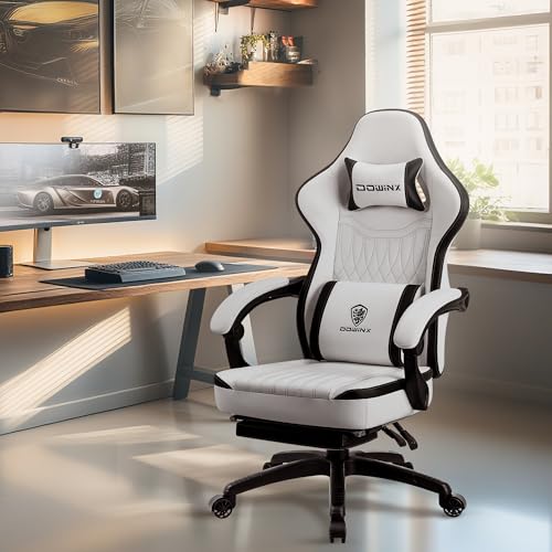 Dowinx Gaming Chair Breathable PU Leather Gamer Chair with Footrest Massage Lumbar Support, Big and Tall Ergonomic Reclining Computer Chair with Pocket Spring Cushion for Adults Teens (Black&White) - color: Black&white