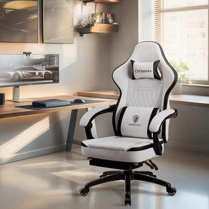 Dowinx Gaming Chair Breathable PU Leather Gamer Chair with Footrest Massage Lumbar Support, Big and Tall Ergonomic Reclining Computer Chair with Pocket Spring Cushion for Adults Teens (Black&White) - color: Black&white