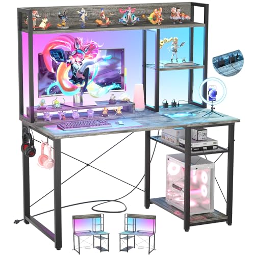 Cyclysio 39'' Gaming Desk with Hutch and Reversible Storage Shelves, Grey | Home Office Desk with LED Lights & Power Outlets, Computer Desk for Small Space - color: Grey, size: 39 inch