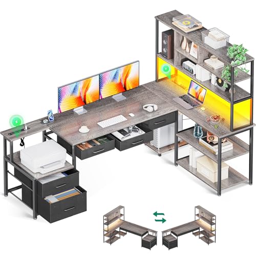 AODK 79 inch L Shaped Desk with 5 Drawers, LED Light & 2 Power Outlets - color: Grey Oak, size: 79 Inch