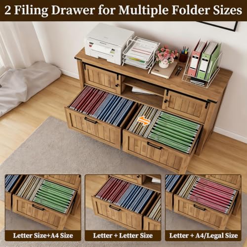Farmhouse File Cabinet with Built-in Outlets, Rustic Brown | Filling Cabinet Printer Stand with 2 Large Drawers for Legal/ A4 /Letter Size, Home Office, Living Room, Entry Cabinet - color: Nature